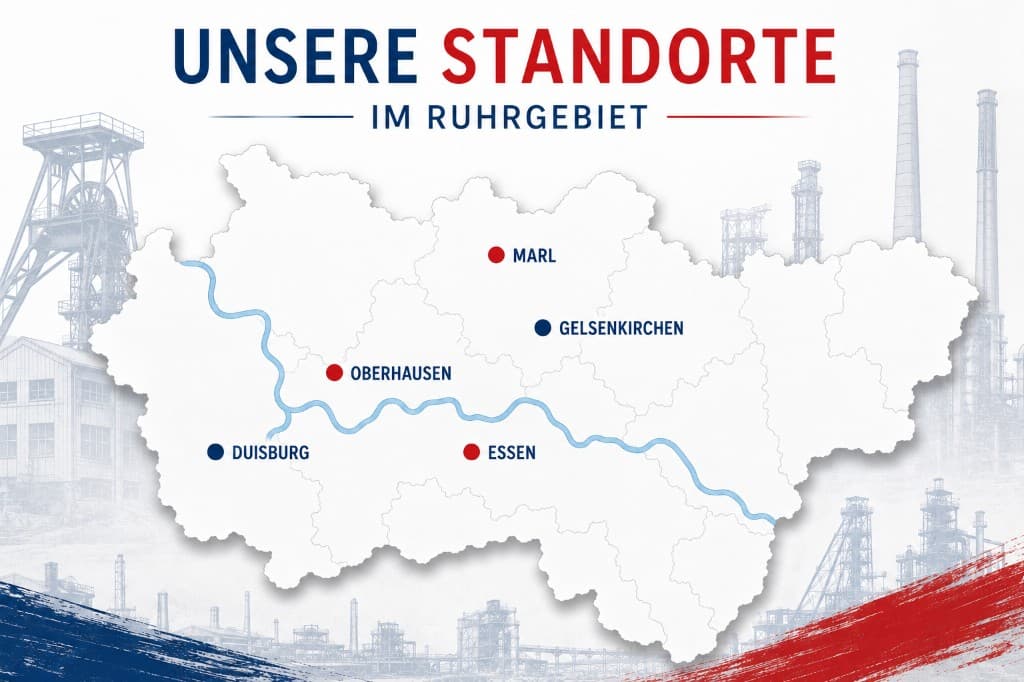 Karte unserer Standorte im Ruhrgebiet: Marl, Gelsenkirchen, Oberhausen, Essen und Duisburg