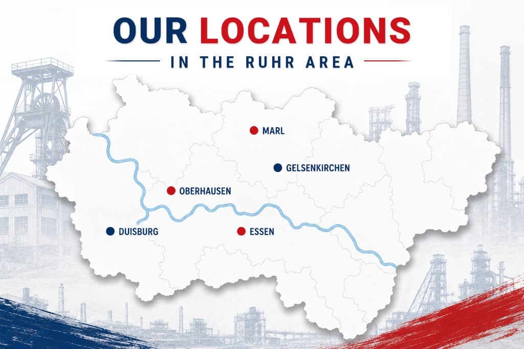 Mapa našich lokalit v oblasti Ruhr: Marl, Gelsenkirchen, Oberhausen, Essen a Duisburg