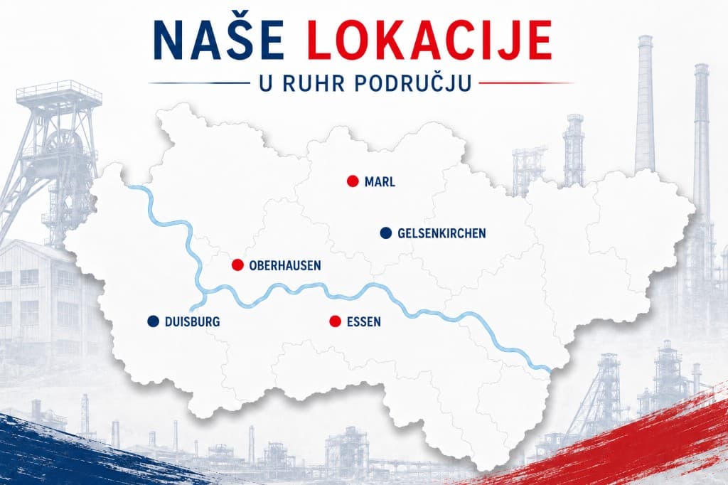 Karta naših lokacija u Ruhr području: Marl, Gelsenkirchen, Oberhausen, Essen i Duisburg